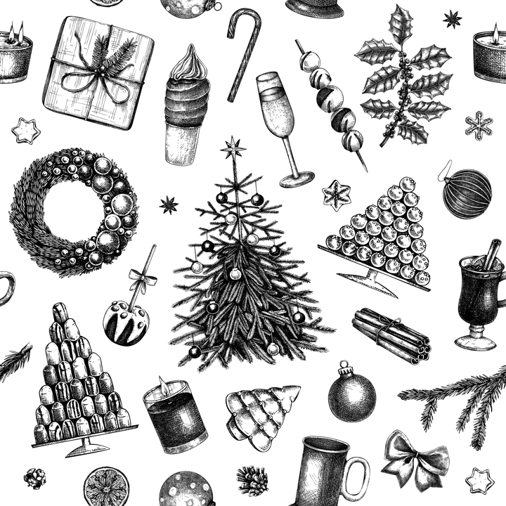 Christmas seamless pattern. Hand drawn vector illustration. Vintage background. Winter holiday decoration. Christmas tree, Christmas wreath, hot drinks, cookies, pastries, sweets sketches